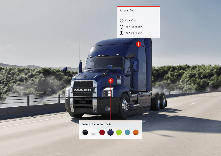 Mack Truck Builder tool showcasing customization options for color and cab size.