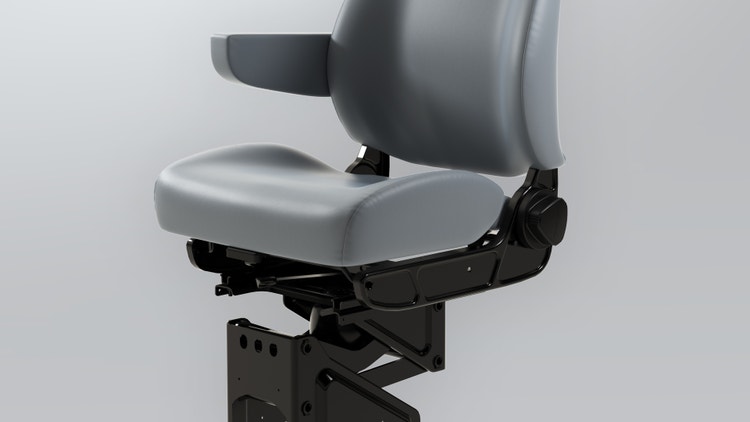 A grey chair with armrests Description automatically generated